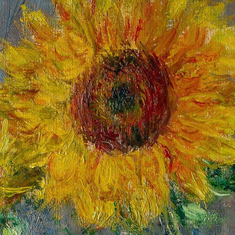 Claude Monet, Bouquet of Sunflowers, 1881: one flower head in thick strokes of yellow and ochre around a dark red centre.