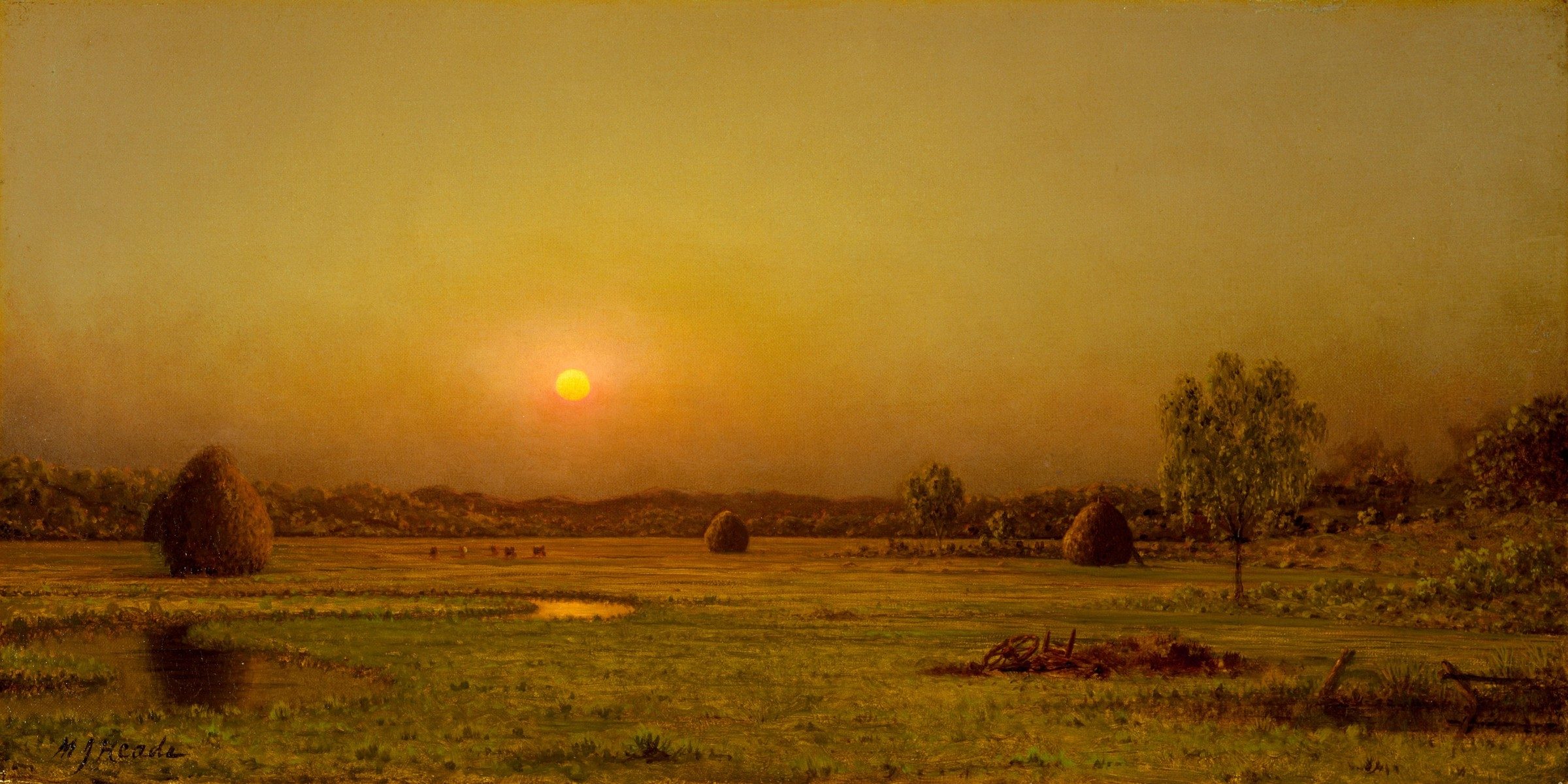 Martin Johnson Heade, Marsh Sunset, Newburyport, Massachusetts: a low sun over a salt marsh, with haystacks and a single tree.